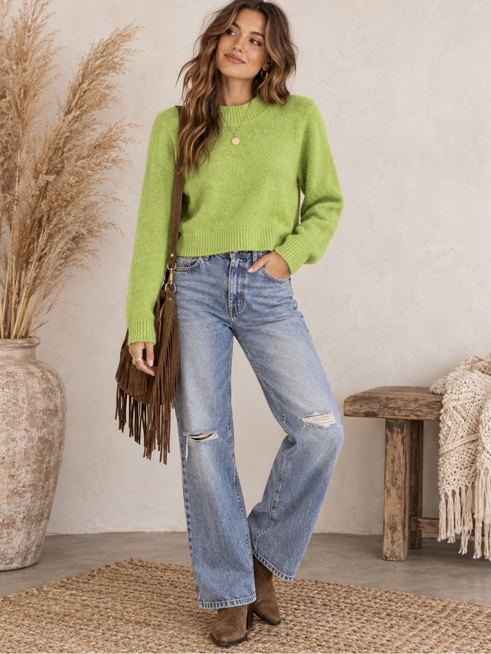 Lulu's Lime Green Cropped Crewneck Sweater
